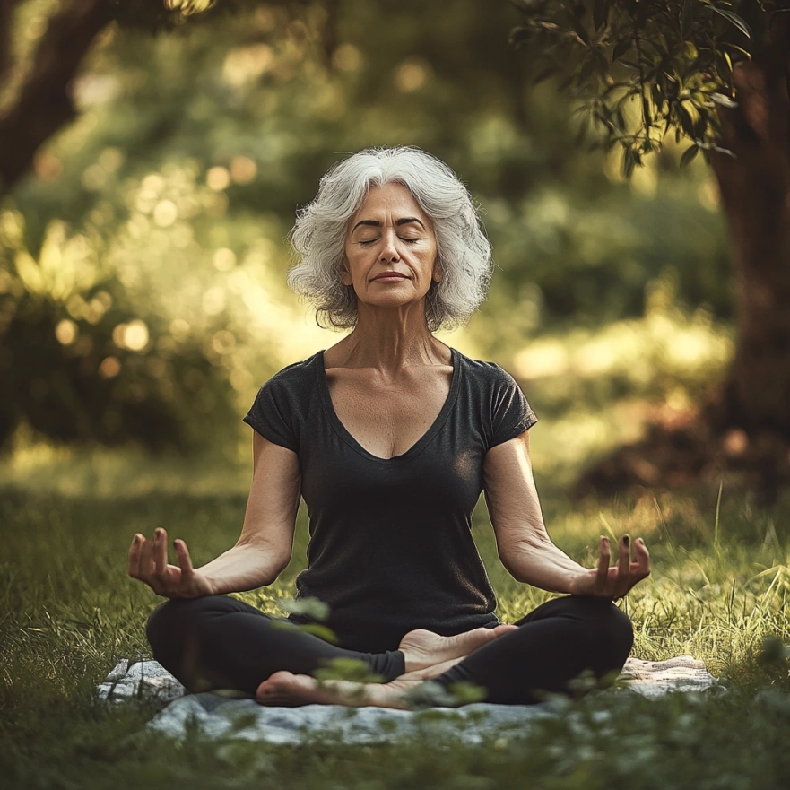 Старша жінка практикує йогу на природі